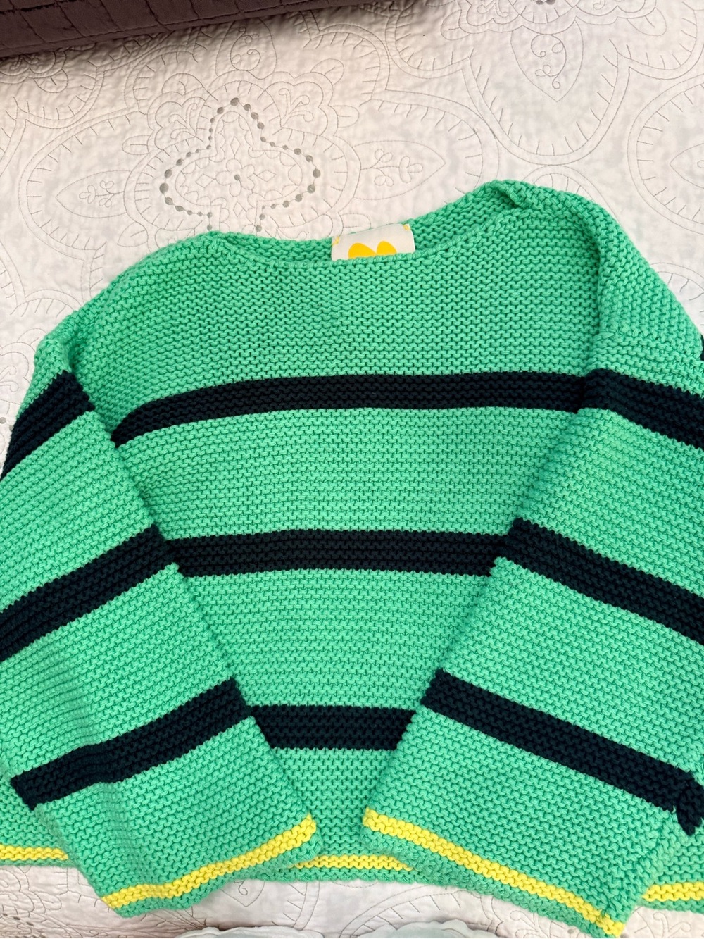 KerriRosenthal Mint Green Sweater with Black Stripes and Yellow Trim